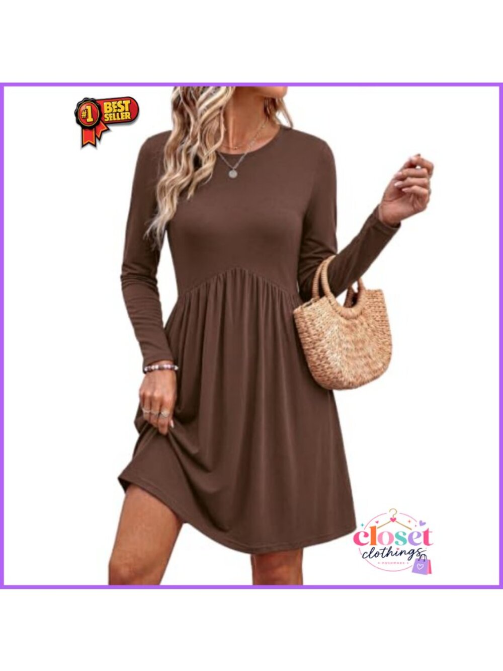 Long Sleeve Empire Waist A-Line Mini Dress with Pockets